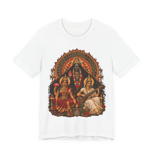 Hindu Deities Illustration T‑Shirt — Kali, Lakshmi & Saraswati Temple Art Tee