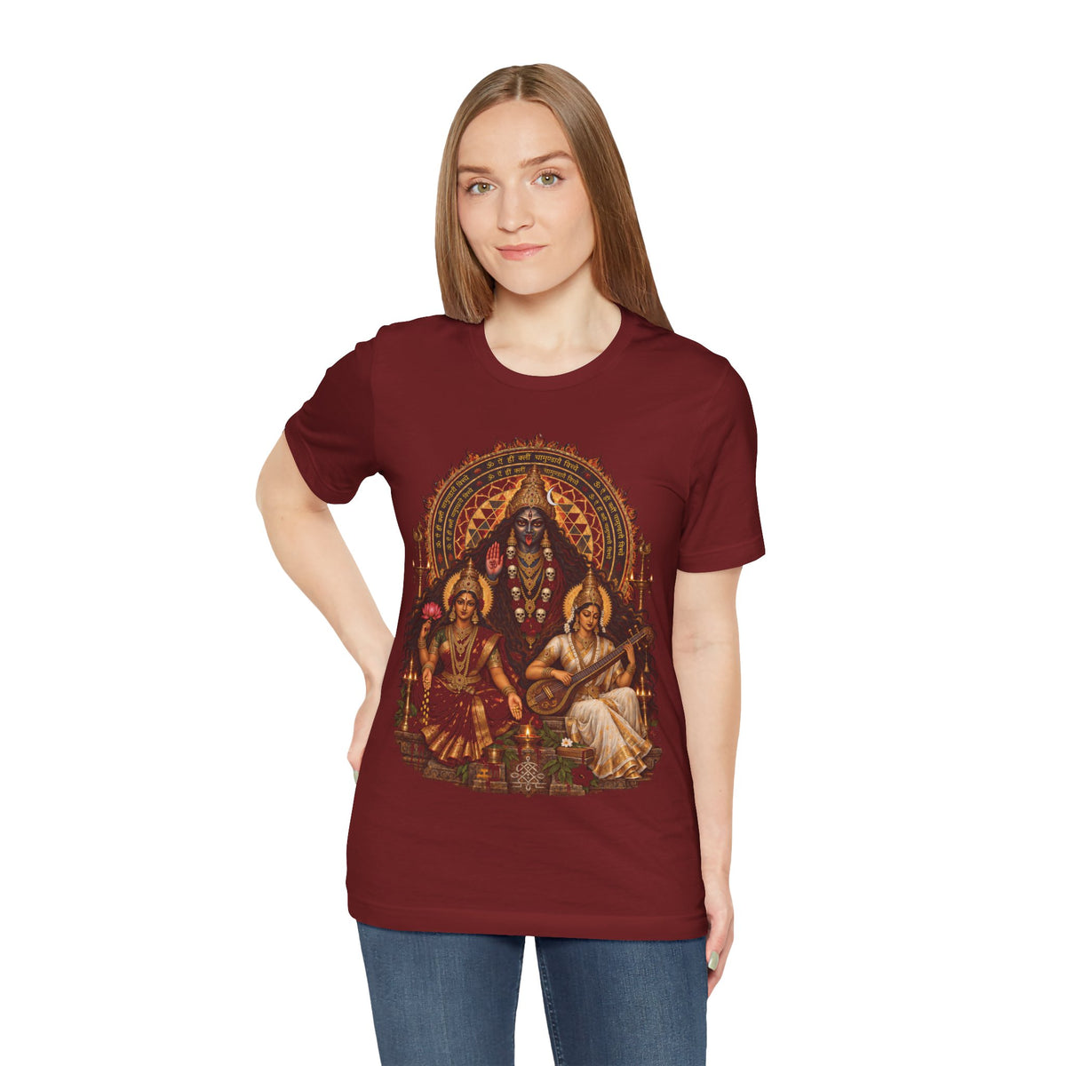 Hindu Deities Illustration T‑Shirt — Kali, Lakshmi & Saraswati Temple Art Tee