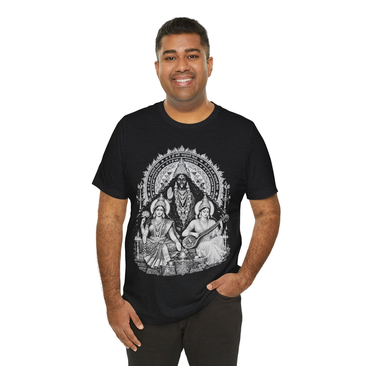 Hindu Deities Illustration T‑Shirt — Kali, Lakshmi & Saraswati Temple Art Tee