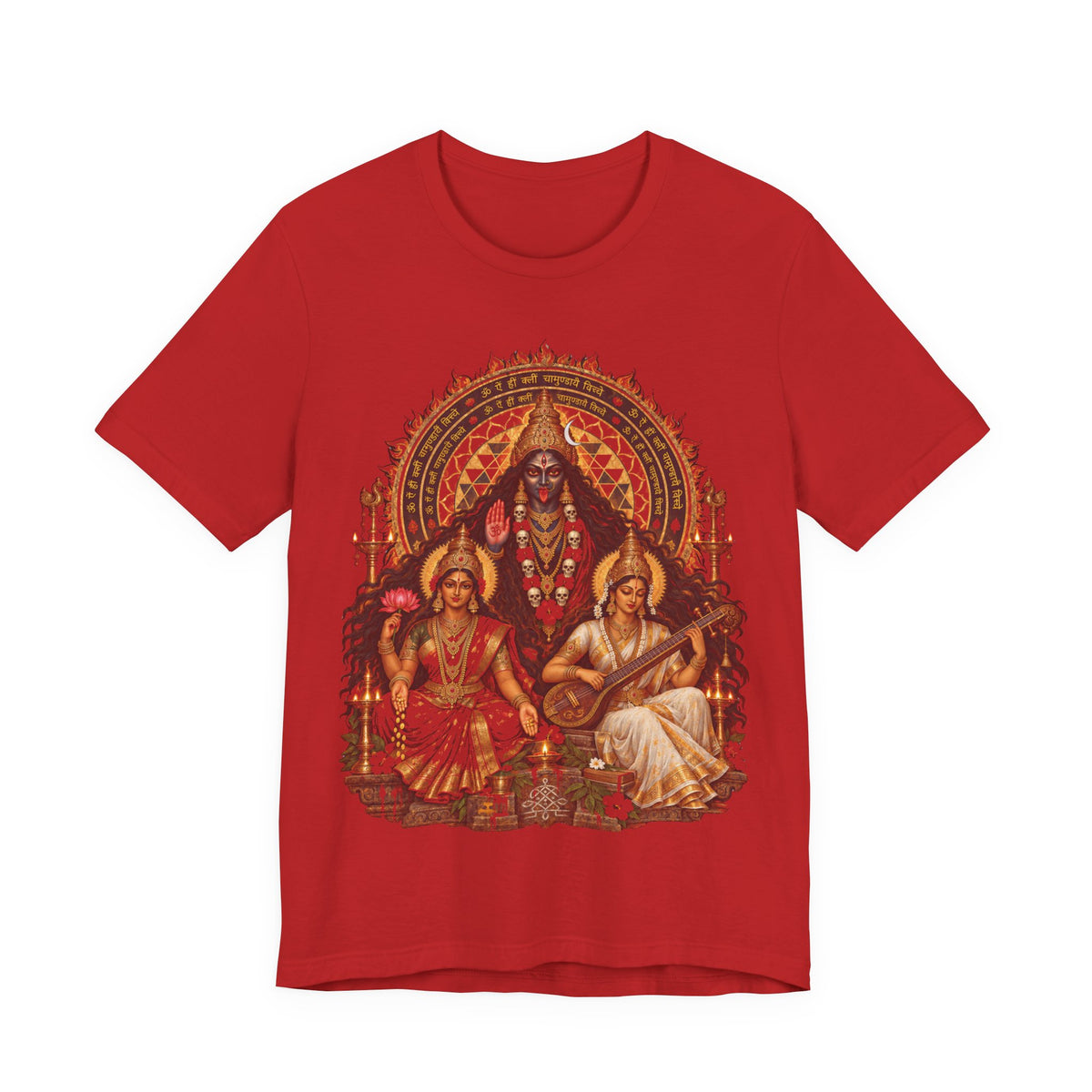 Hindu Deities Illustration T‑Shirt — Kali, Lakshmi & Saraswati Temple Art Tee