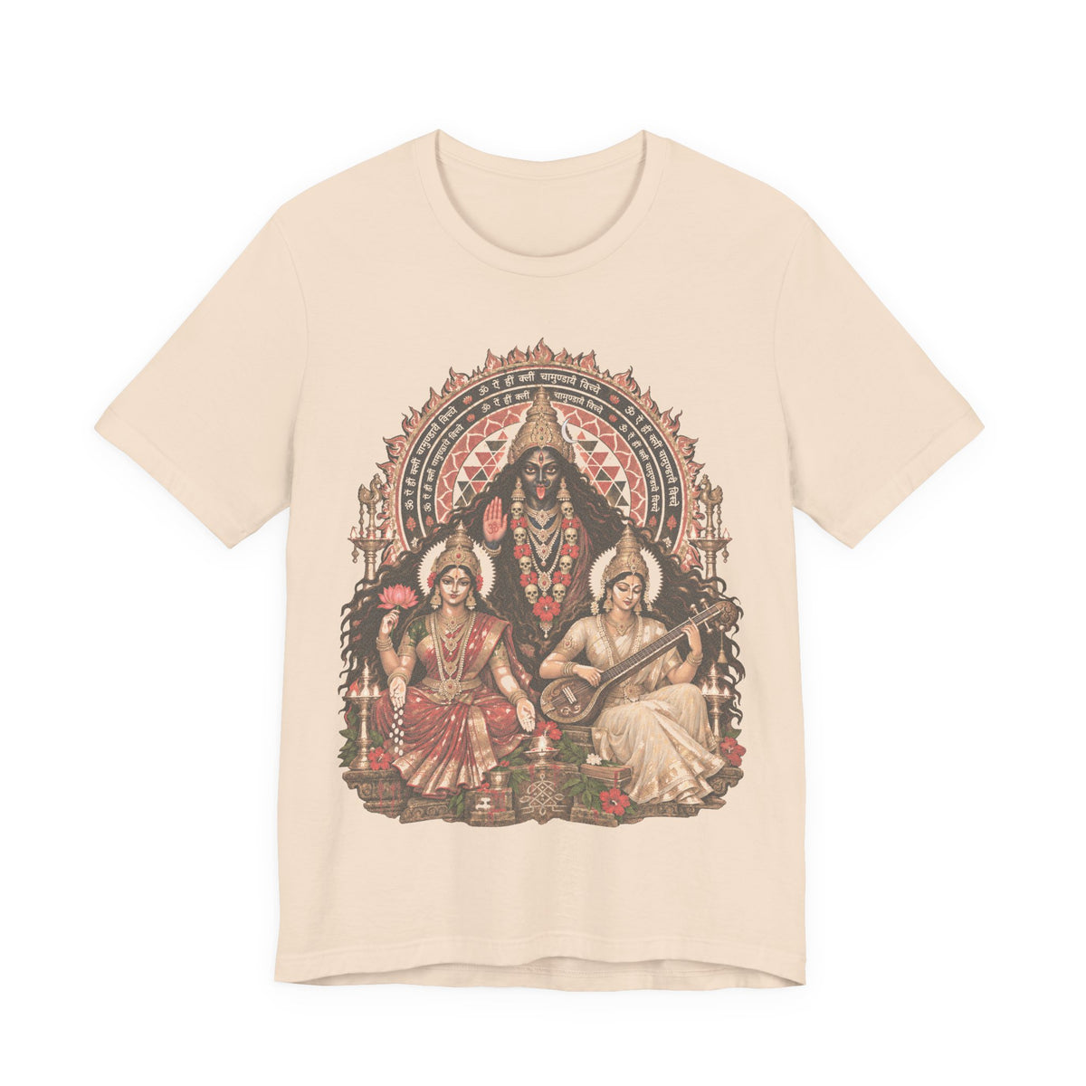 Hindu Deities Illustration T‑Shirt — Kali, Lakshmi & Saraswati Temple Art Tee