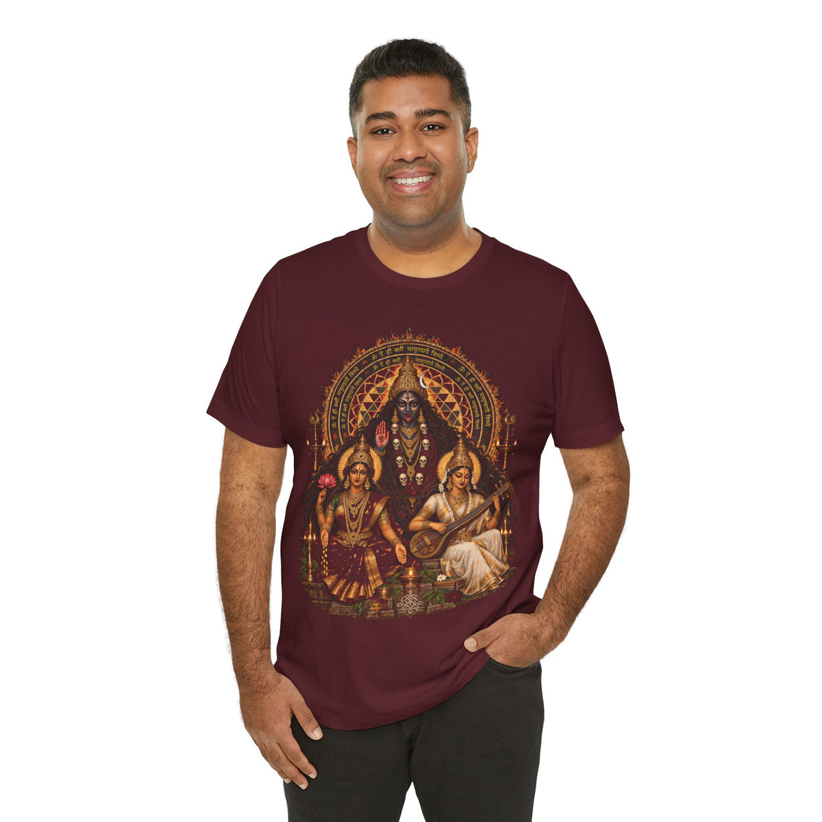 Hindu Deities Illustration T‑Shirt — Kali, Lakshmi & Saraswati Temple Art Tee