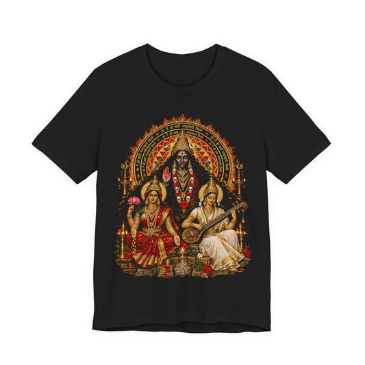 Hindu Deities Illustration T‑Shirt — Kali, Lakshmi & Saraswati Temple Art Tee