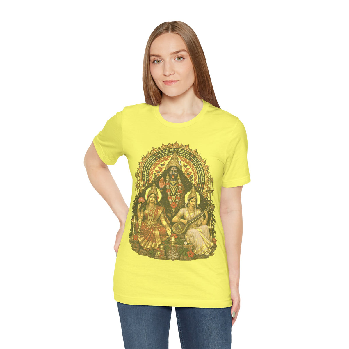 Hindu Deities Illustration T‑Shirt — Kali, Lakshmi & Saraswati Temple Art Tee