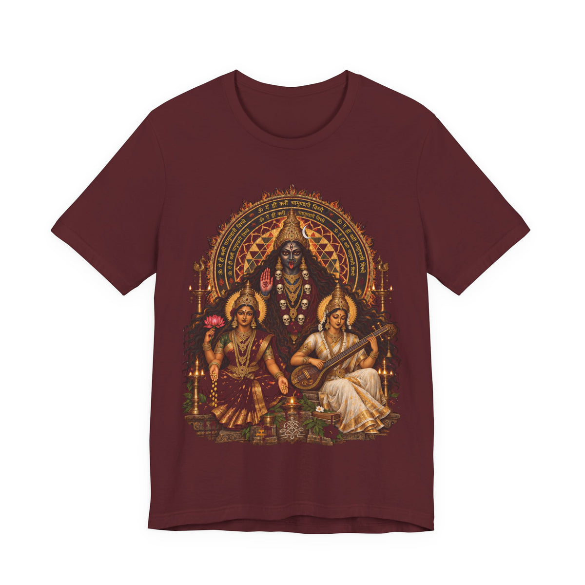 Hindu Deities Illustration T‑Shirt — Kali, Lakshmi & Saraswati Temple Art Tee