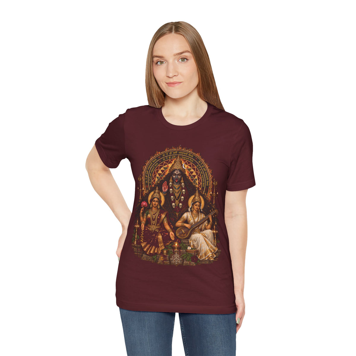 Hindu Deities Illustration T‑Shirt — Kali, Lakshmi & Saraswati Temple Art Tee