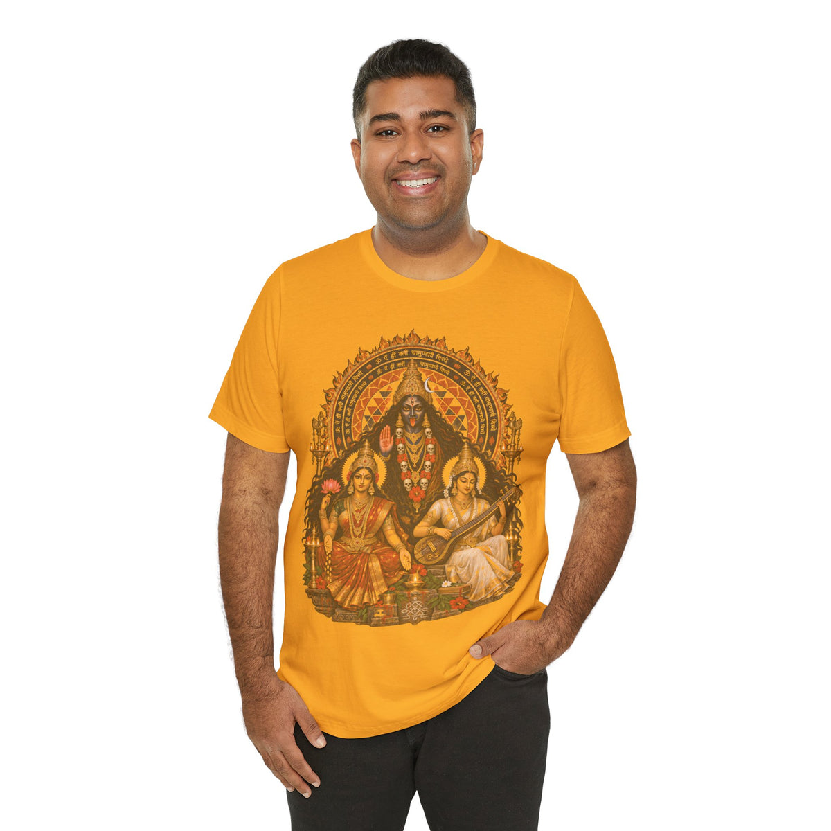 Hindu Deities Illustration T‑Shirt — Kali, Lakshmi & Saraswati Temple Art Tee