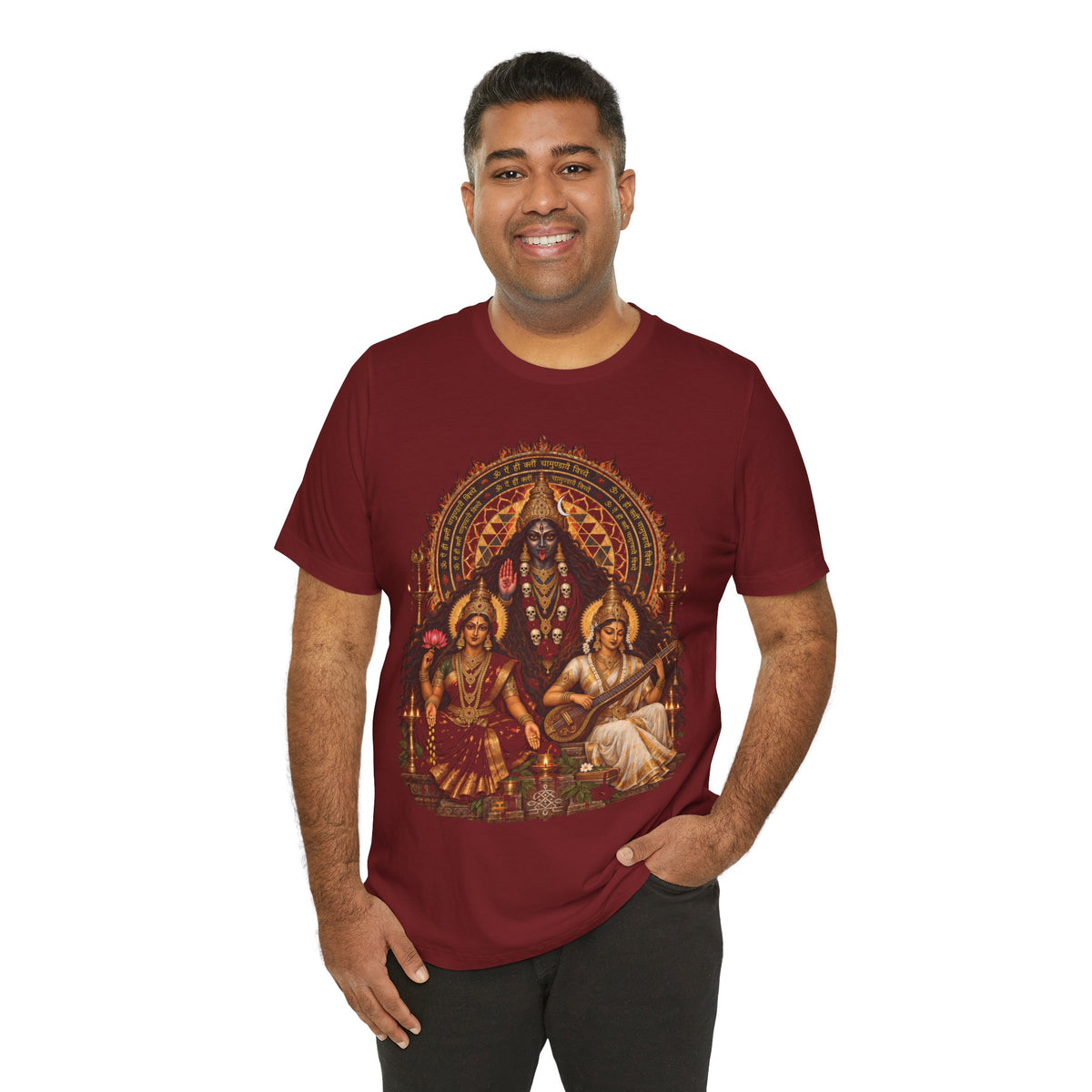 Hindu Deities Illustration T‑Shirt — Kali, Lakshmi & Saraswati Temple Art Tee