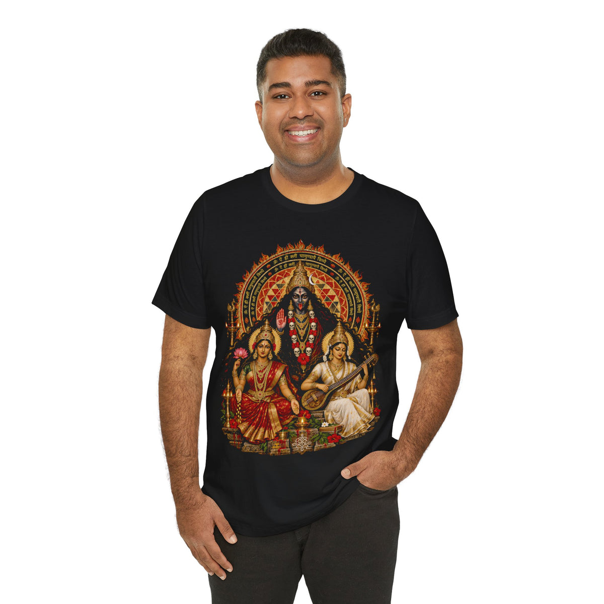 Hindu Deities Illustration T‑Shirt — Kali, Lakshmi & Saraswati Temple Art Tee
