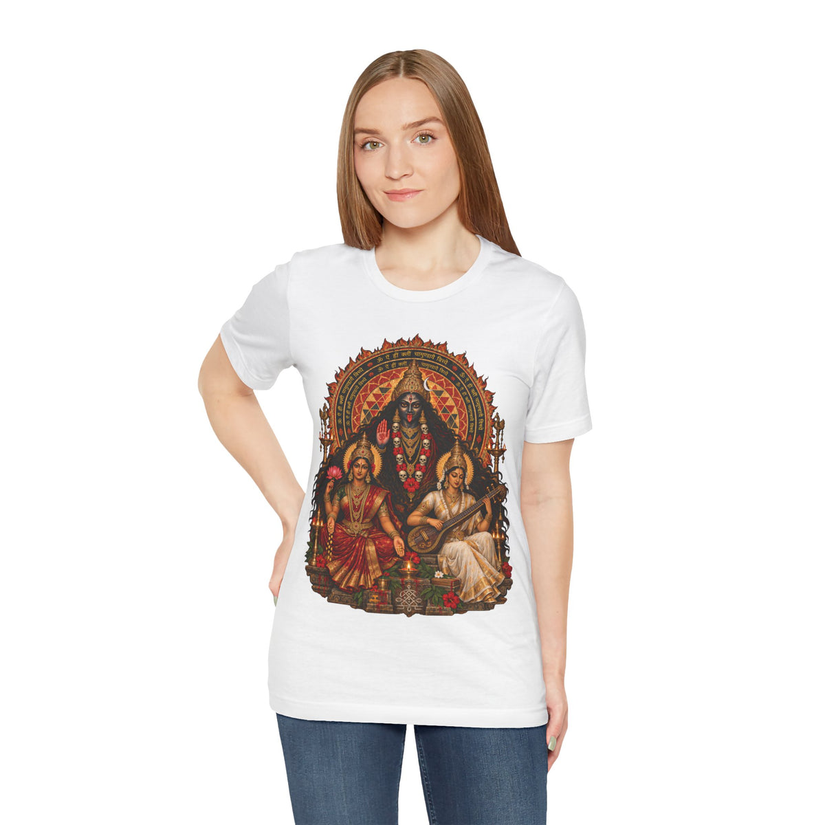 Hindu Deities Illustration T‑Shirt — Kali, Lakshmi & Saraswati Temple Art Tee