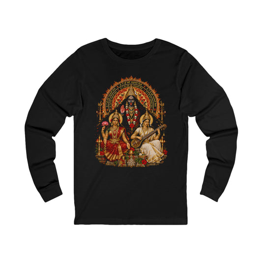 Hindu Deities Art Long Sleeve Tee — Kali, Lakshmi & Saraswati Temple Design