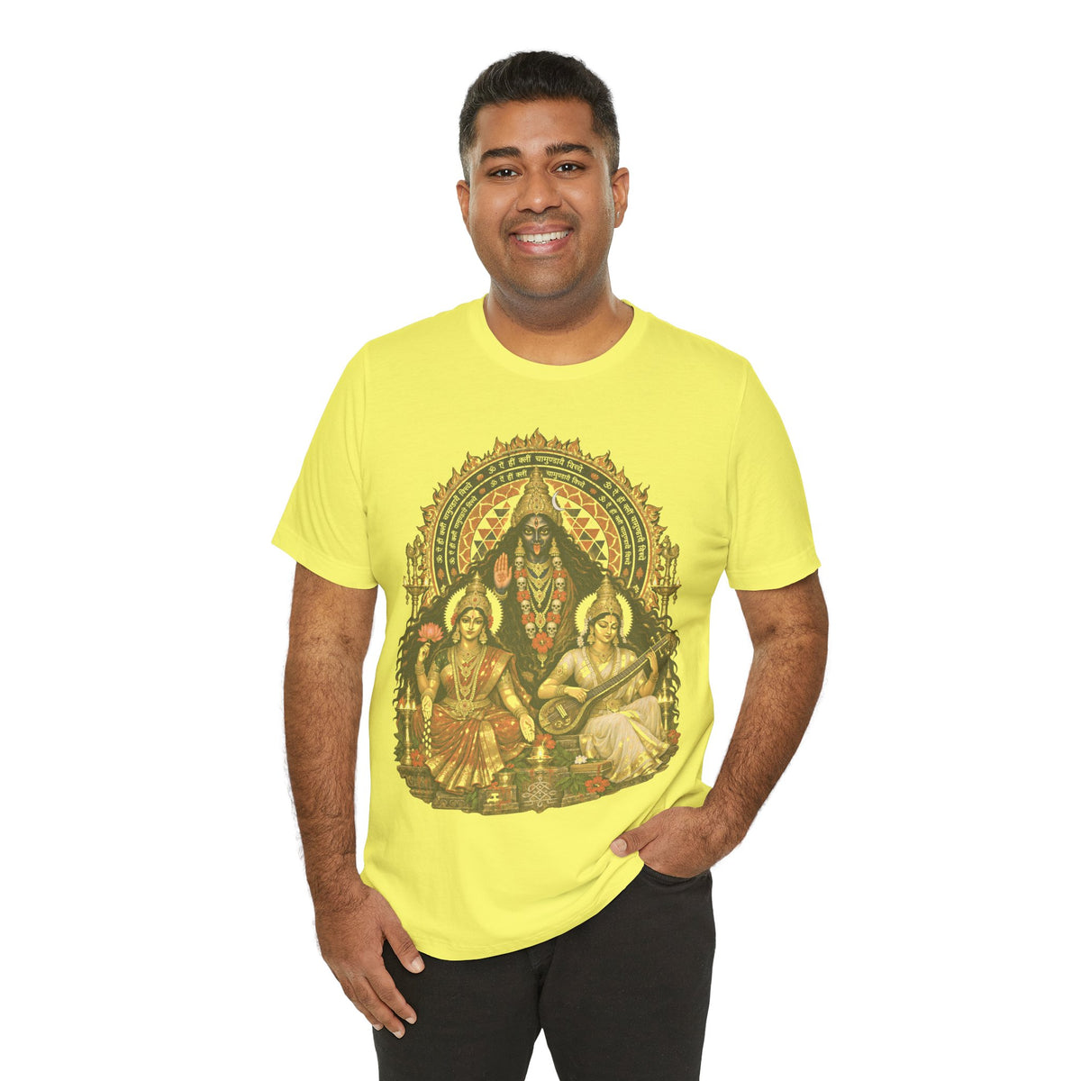 Hindu Deities Illustration T‑Shirt — Kali, Lakshmi & Saraswati Temple Art Tee