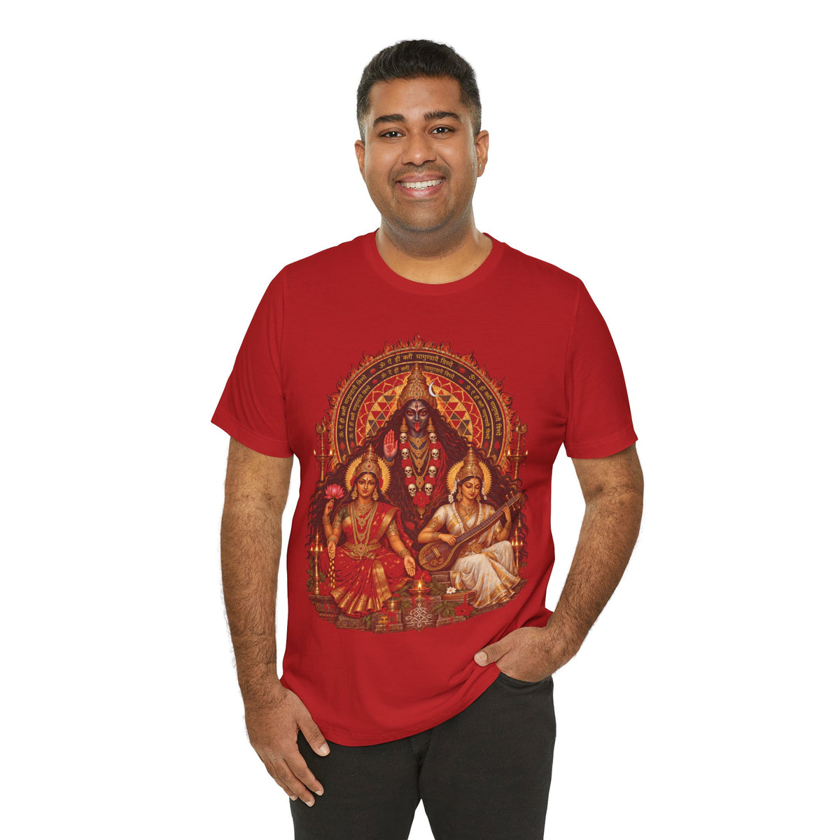 Hindu Deities Illustration T‑Shirt — Kali, Lakshmi & Saraswati Temple Art Tee