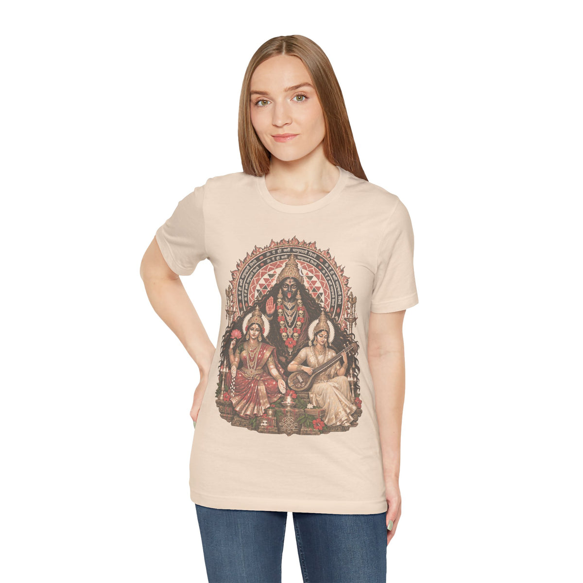 Hindu Deities Illustration T‑Shirt — Kali, Lakshmi & Saraswati Temple Art Tee