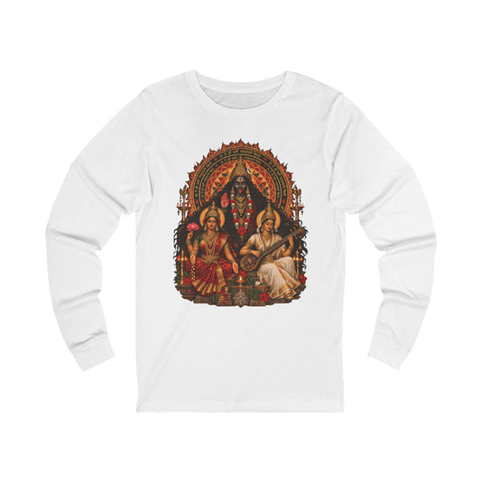 Hindu Deities Art Long Sleeve Tee — Kali, Lakshmi & Saraswati Temple Design