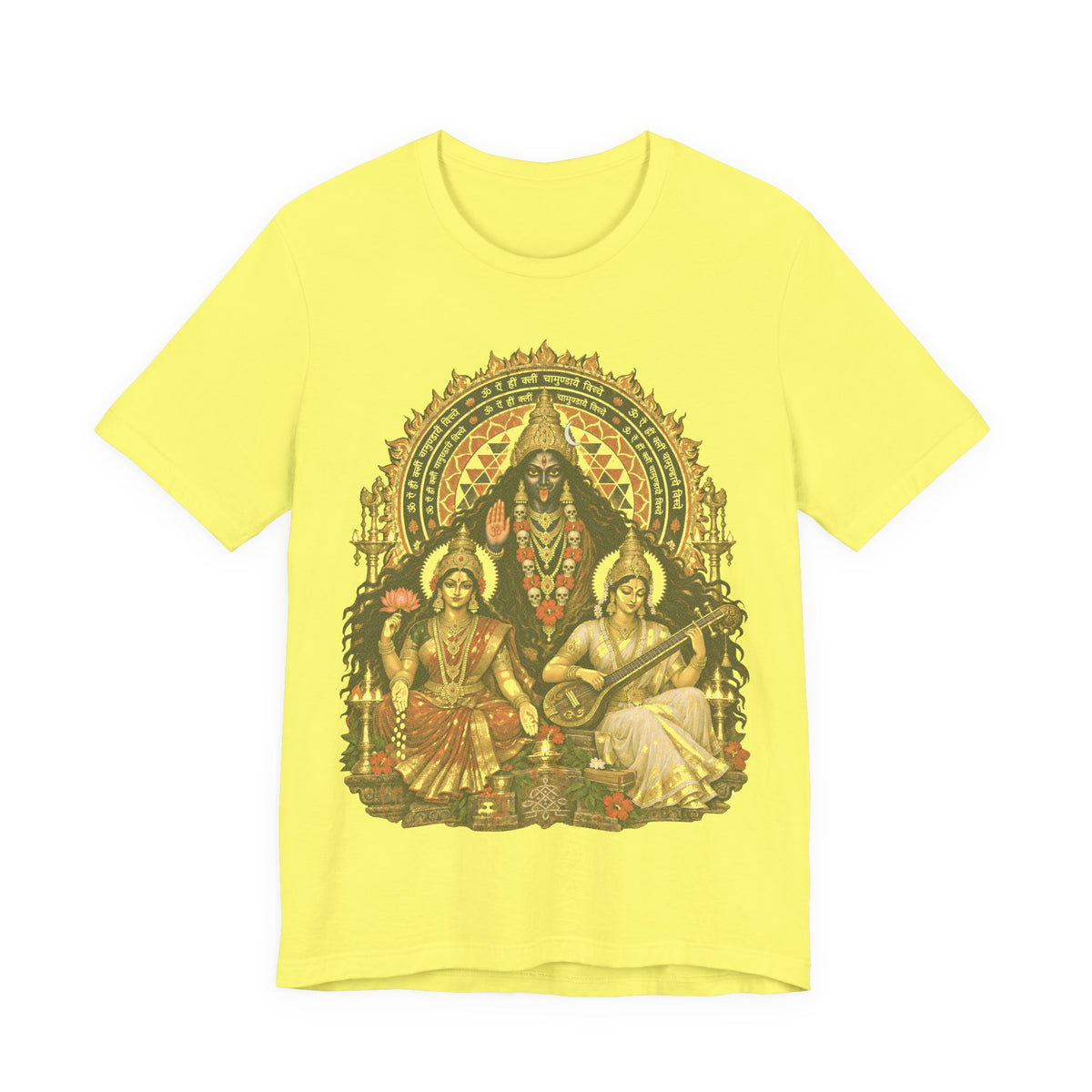 Hindu Deities Illustration T‑Shirt — Kali, Lakshmi & Saraswati Temple Art Tee