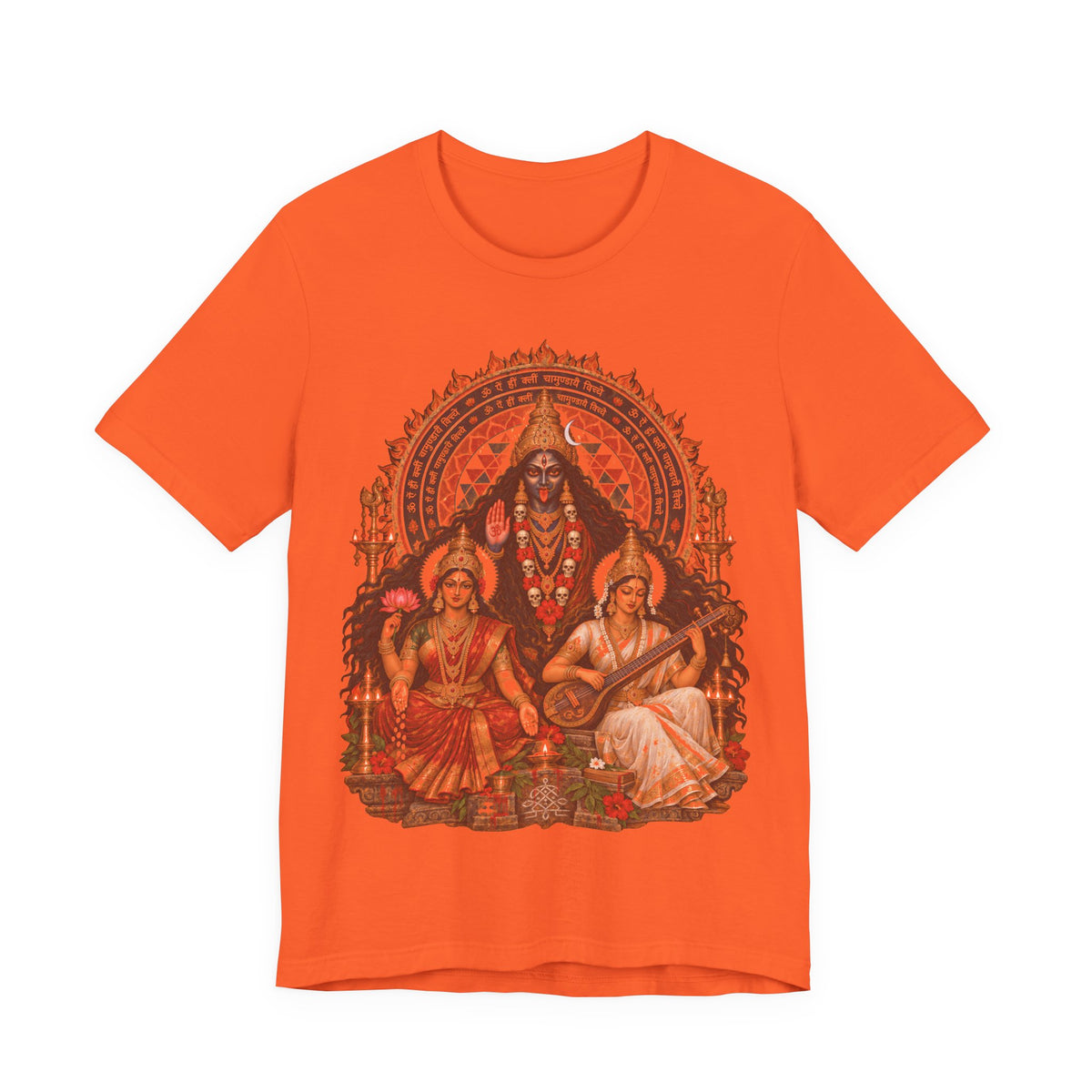 Hindu Deities Illustration T‑Shirt — Kali, Lakshmi & Saraswati Temple Art Tee