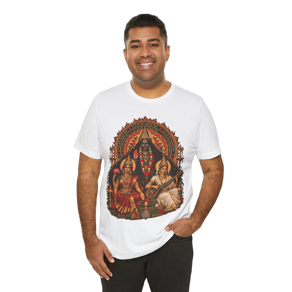 Hindu Deities Illustration T‑Shirt — Kali, Lakshmi & Saraswati Temple Art Tee