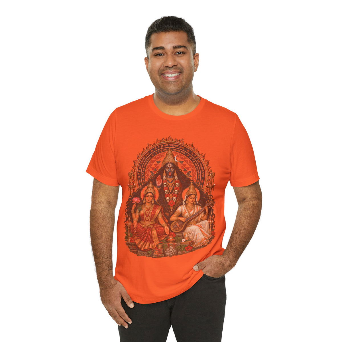 Hindu Deities Illustration T‑Shirt — Kali, Lakshmi & Saraswati Temple Art Tee