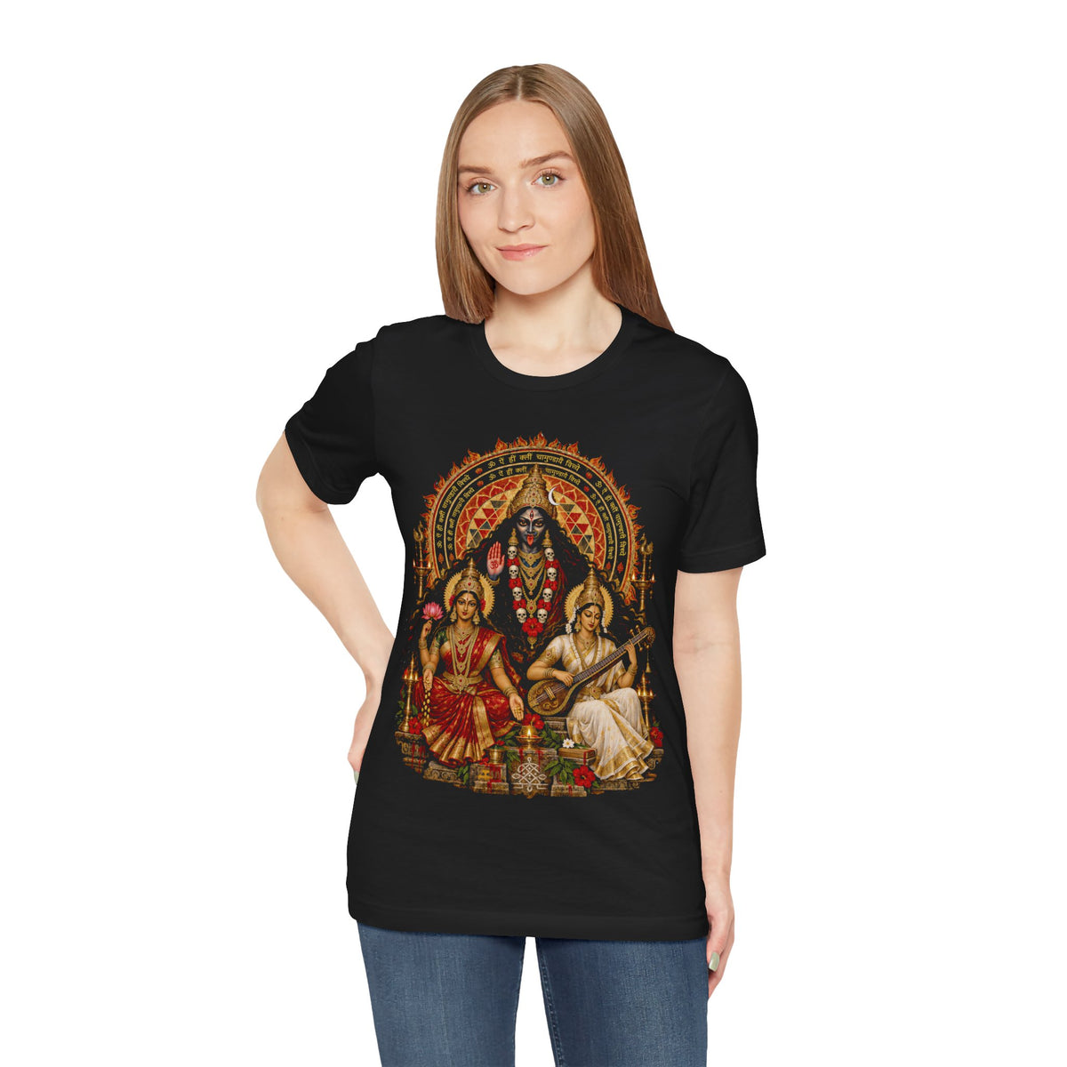 Hindu Deities Illustration T‑Shirt — Kali, Lakshmi & Saraswati Temple Art Tee