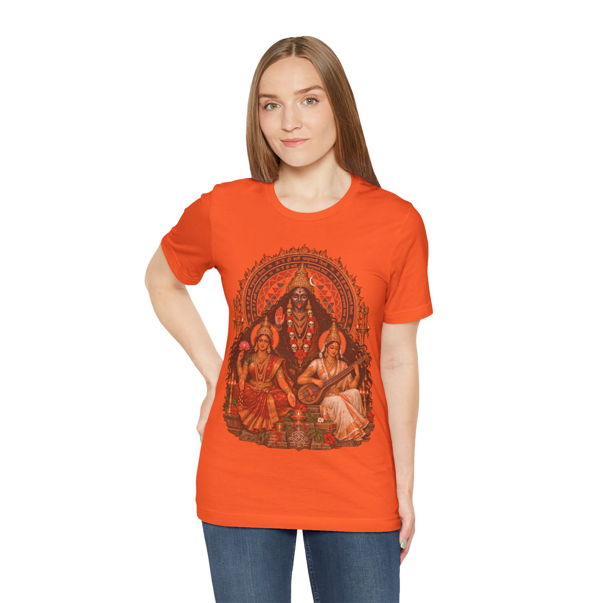 Hindu Deities Illustration T‑Shirt — Kali, Lakshmi & Saraswati Temple Art Tee
