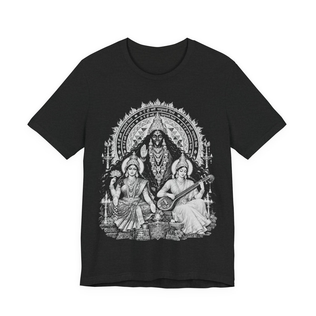 Hindu Deities Illustration T‑Shirt — Kali, Lakshmi & Saraswati Temple Art Tee