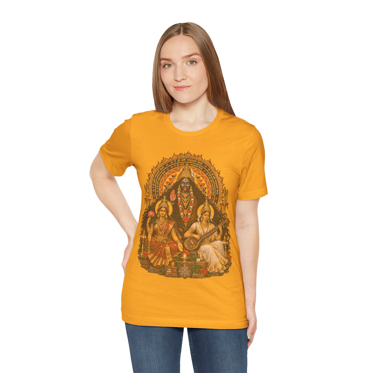 Hindu Deities Illustration T‑Shirt — Kali, Lakshmi & Saraswati Temple Art Tee