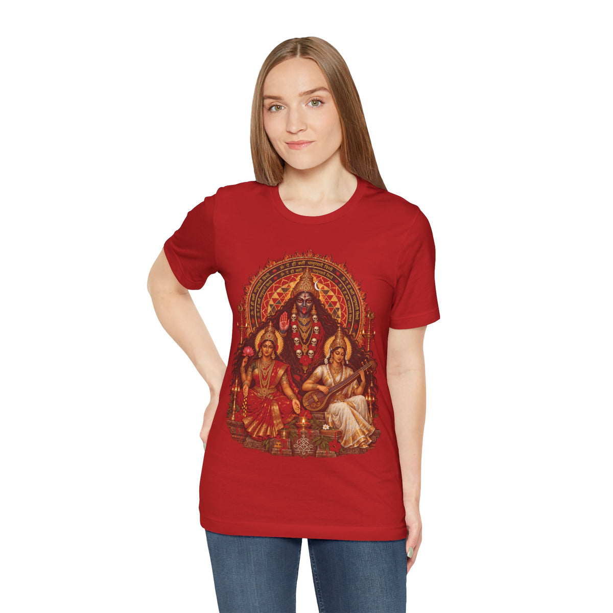 Hindu Deities Illustration T‑Shirt — Kali, Lakshmi & Saraswati Temple Art Tee