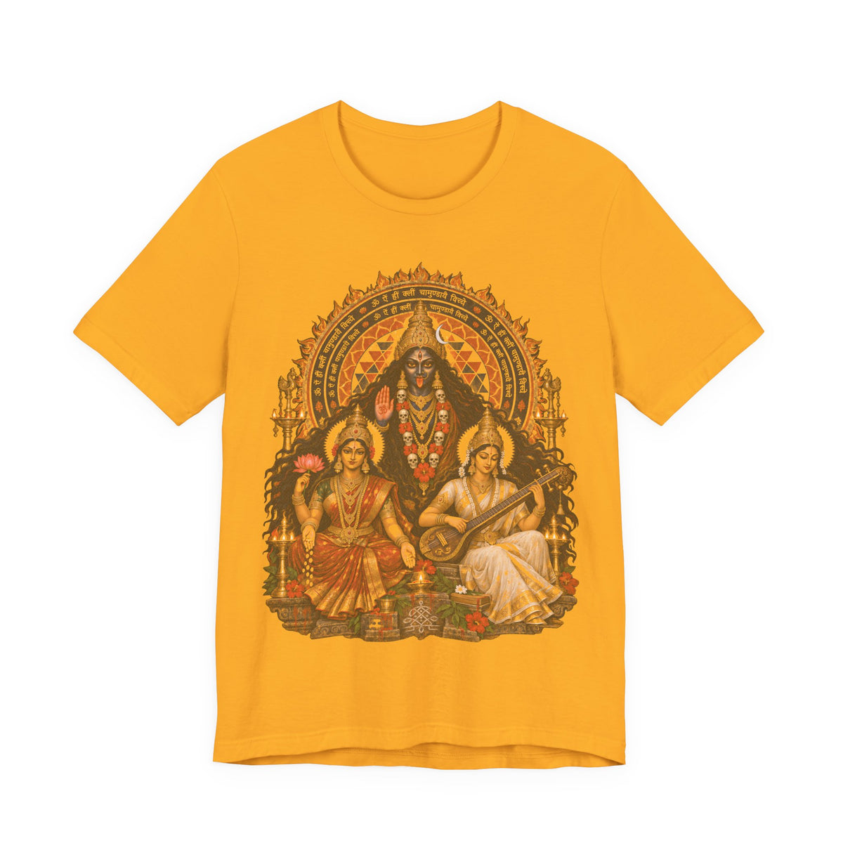 Hindu Deities Illustration T‑Shirt — Kali, Lakshmi & Saraswati Temple Art Tee
