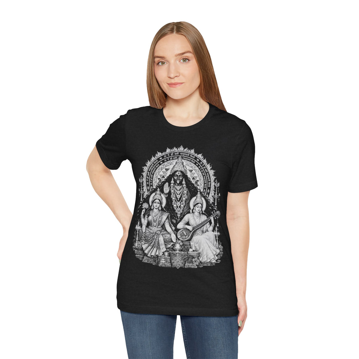 Hindu Deities Illustration T‑Shirt — Kali, Lakshmi & Saraswati Temple Art Tee