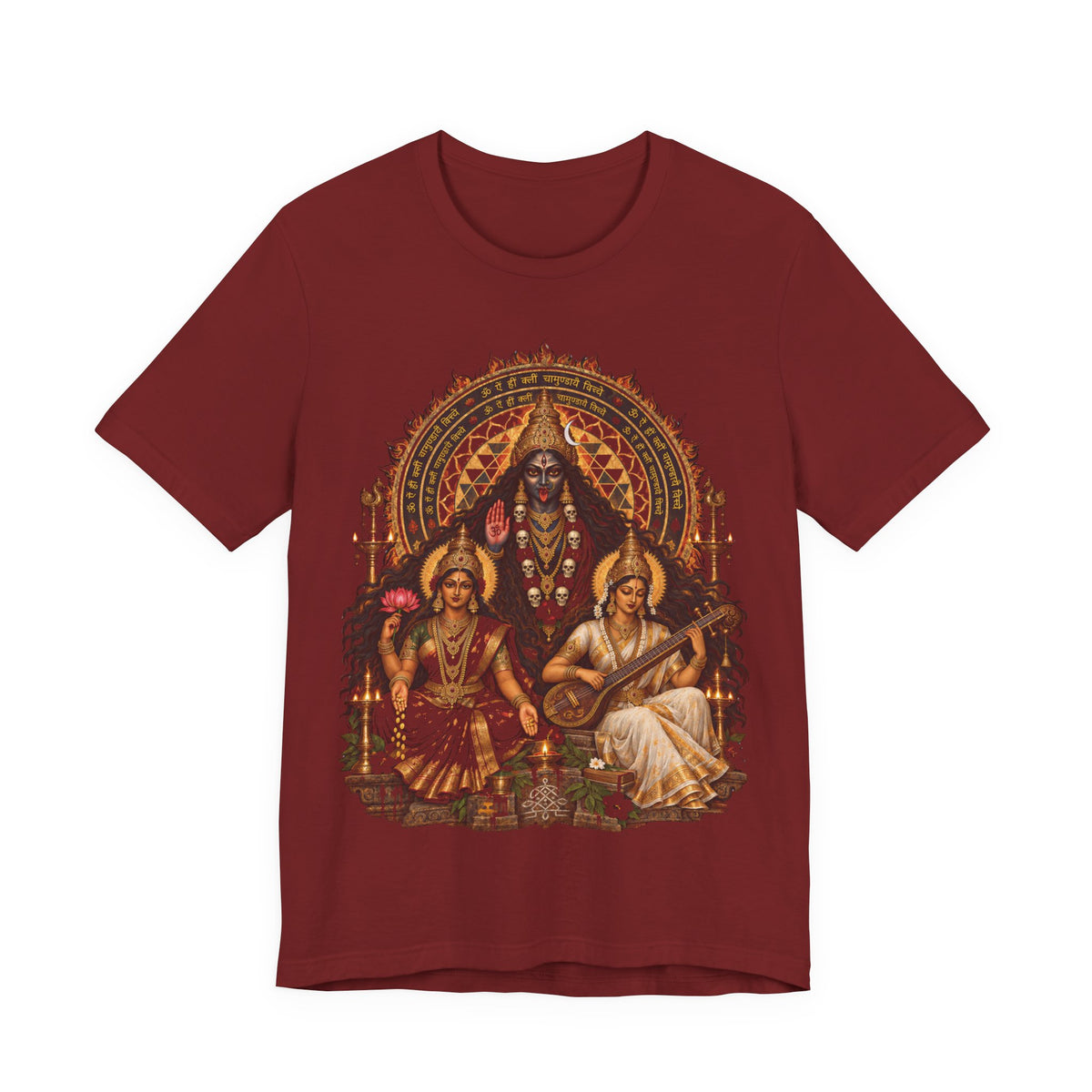 Hindu Deities Illustration T‑Shirt — Kali, Lakshmi & Saraswati Temple Art Tee