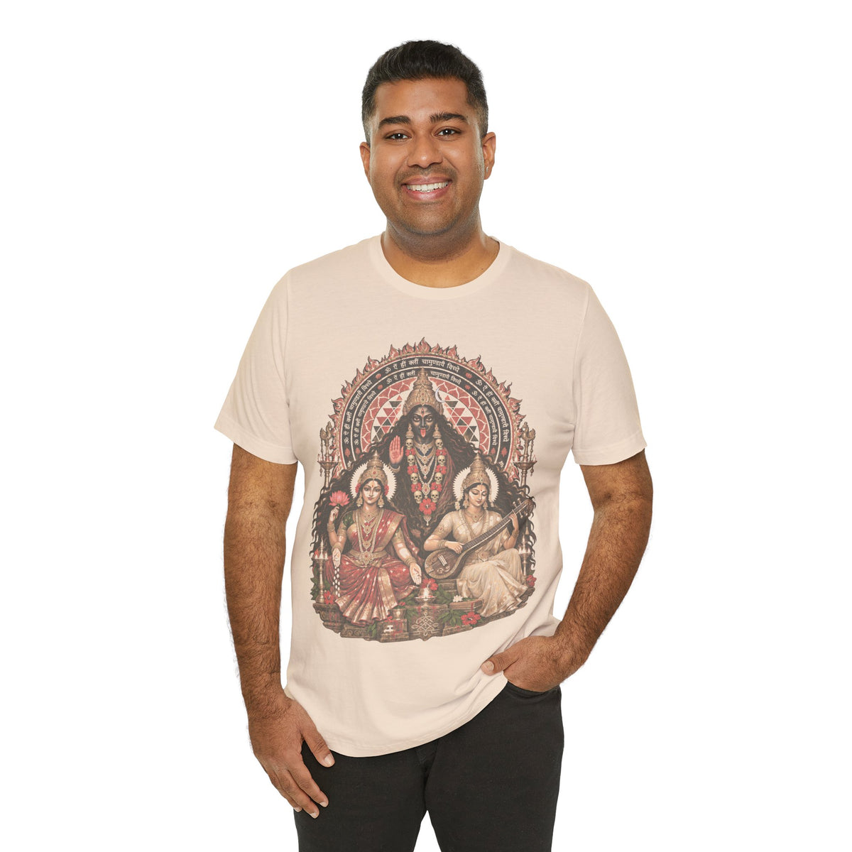 Hindu Deities Illustration T‑Shirt — Kali, Lakshmi & Saraswati Temple Art Tee
