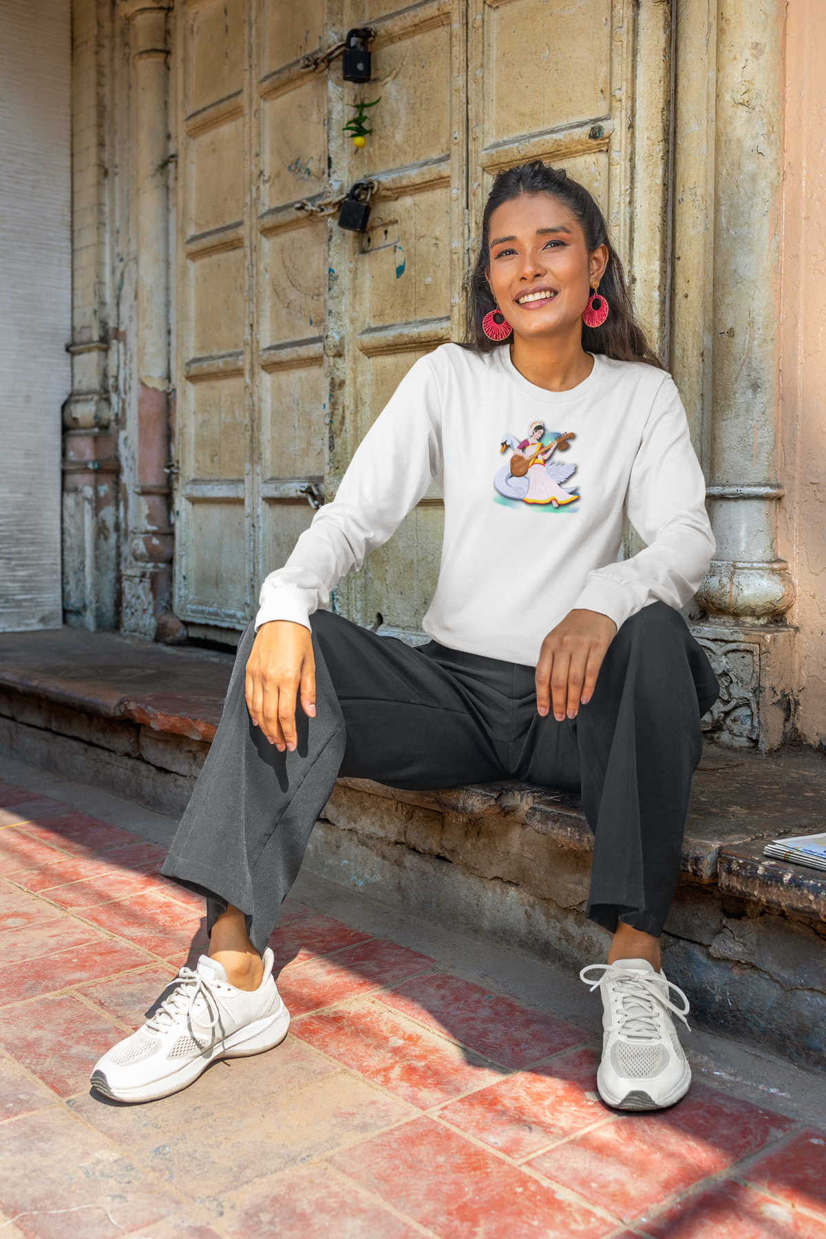 Saraswati Devi Long Sleeve Tee | Celestial River of Wisdom Collection